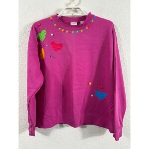 Vintage Grannycore‎ Cottagecore Pink Heart Rainbow Button Sweatshirt L
